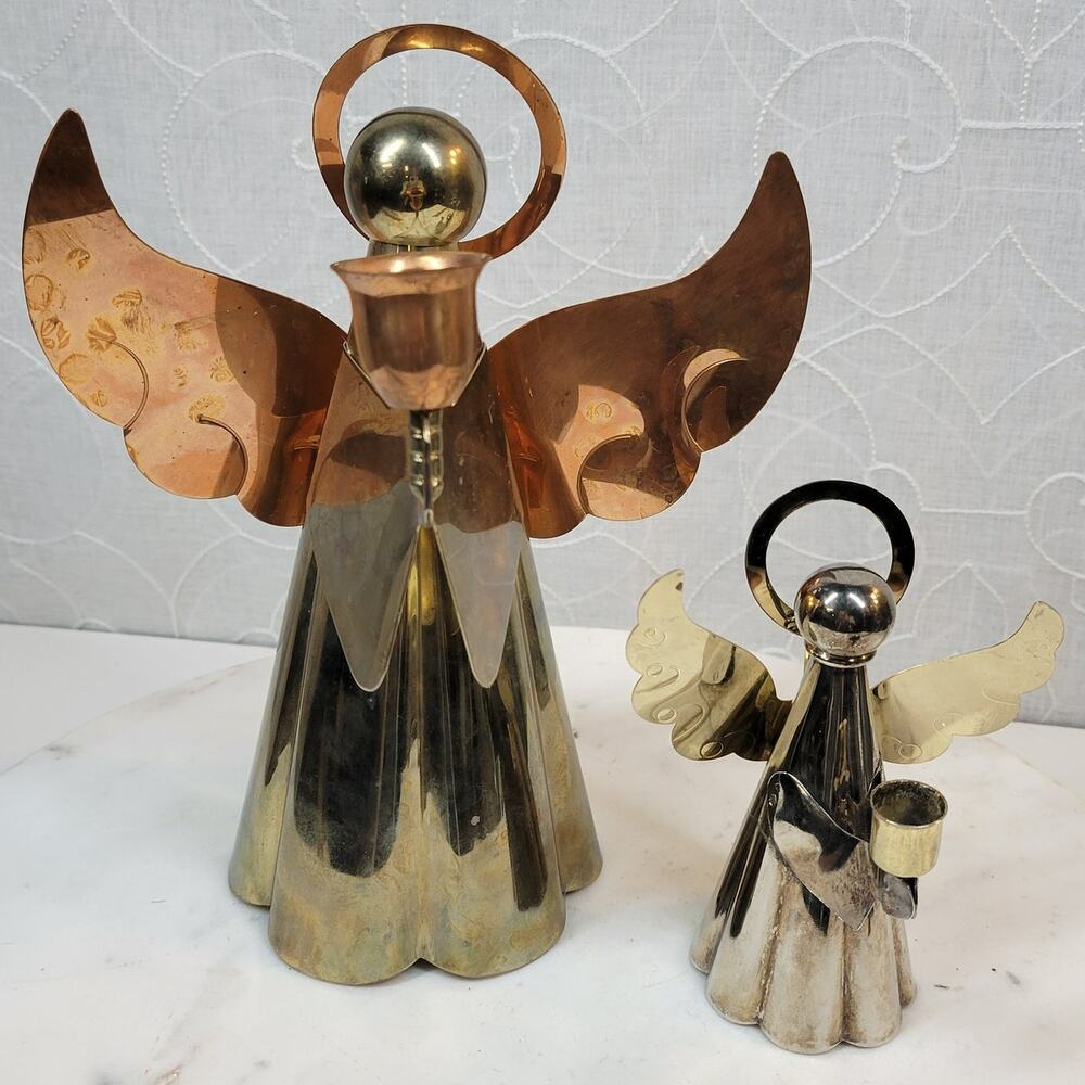 Vintage Angel Candle Holder & Figurine Christmas 2 Toned‎ Silver Gold Metal Set